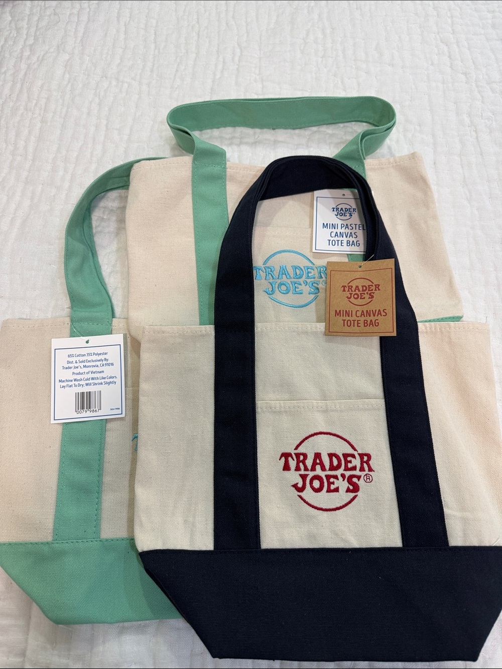 3 Trader Joe's Mini Canvas Tote Bags- Black and Cream, Green and Cream NWT